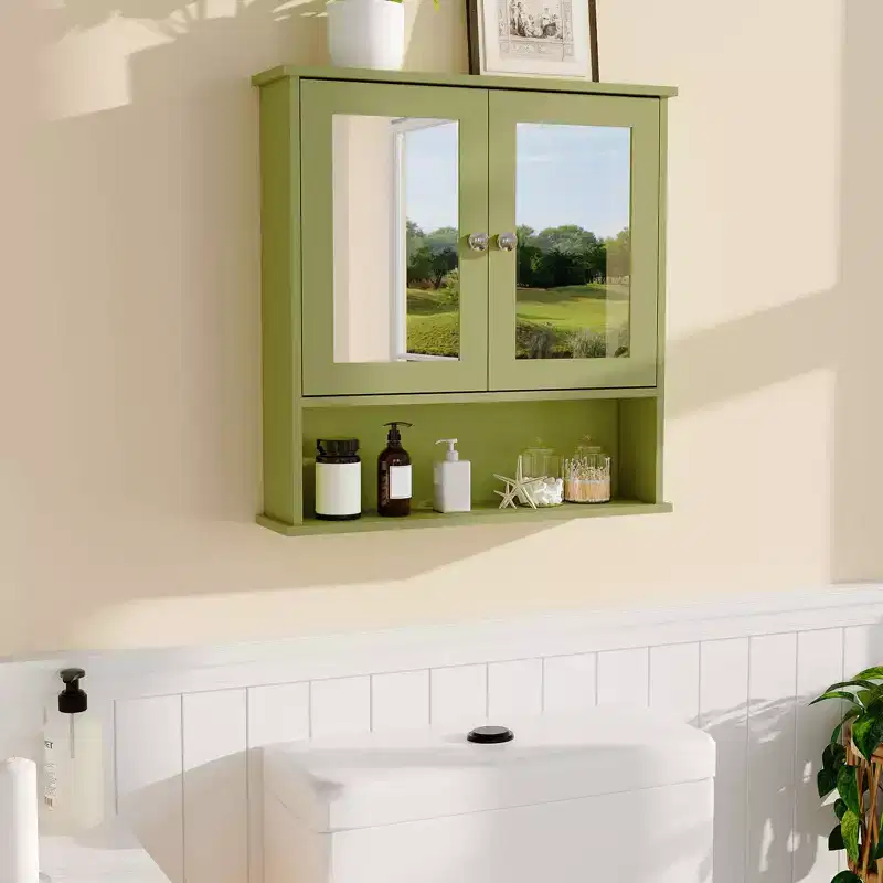 22 Inch Wall Mounted Bathroom Cabinet, Wooden Medicine Cabinet with Mirror Doors & Adjustable Shelves, Floating Storage Cabinet for Living Room,White