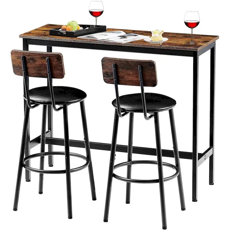 3 Pieces Bar Table and 2 Chairs, Industrial Style Bar Stools PU Upholstery Seat with Backrest
