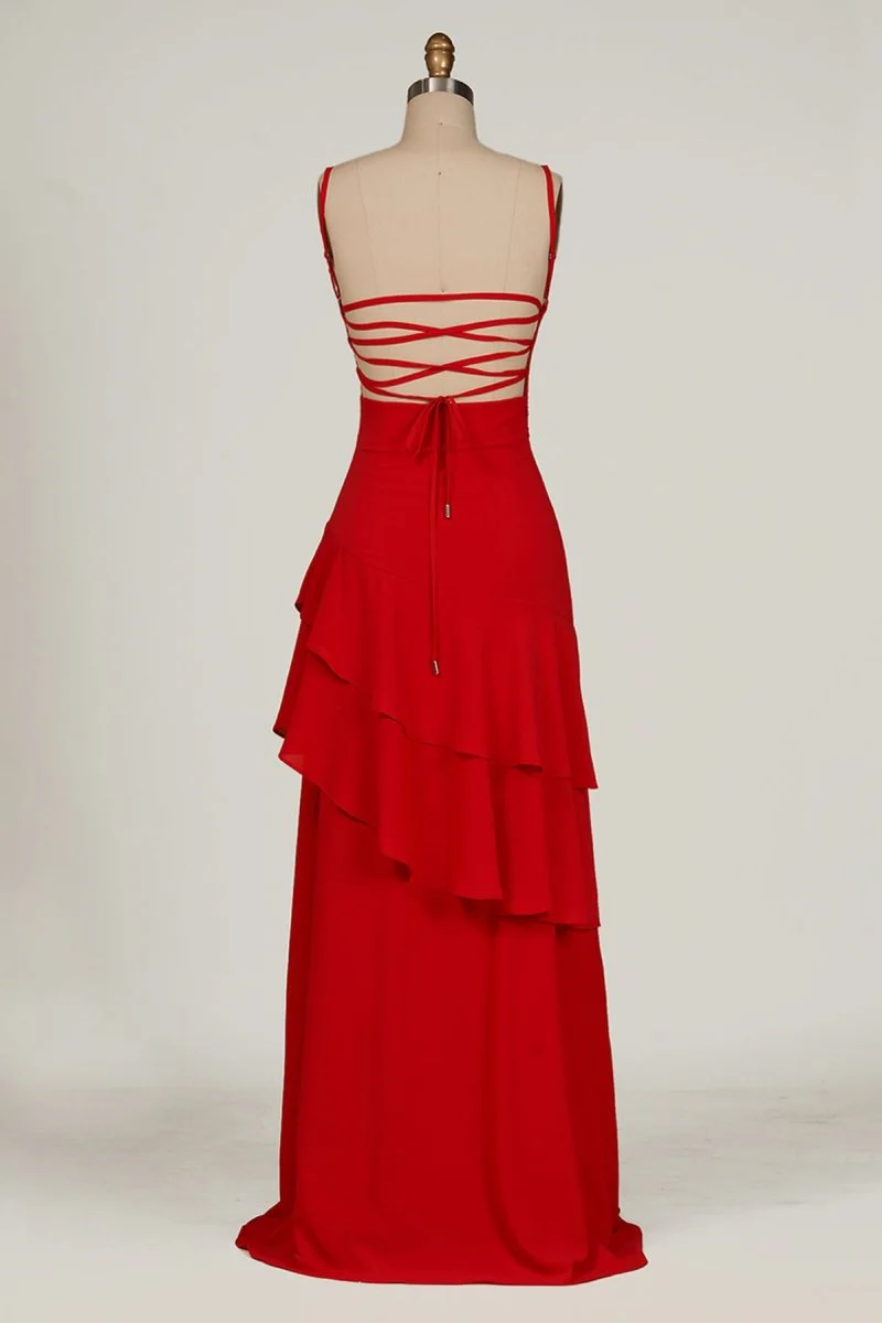 Red - Sheath Spaghetti Straps Chiffon Long Prom Dresses with Ruffles
