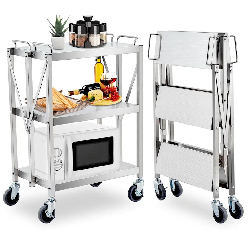 Foldable Utility Silver 3-Tier Service Cart with Wheels Lockable - N/A