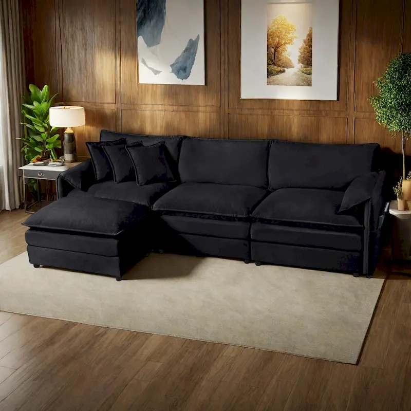 109.45 Chenille Upholstered L-Shaped Modular Sectional Sofa with Double-Layer Cushions, DIY Combination