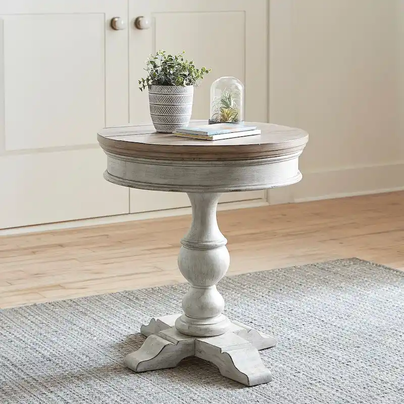Heartland Antique White Round Pedestal Chair Side Table