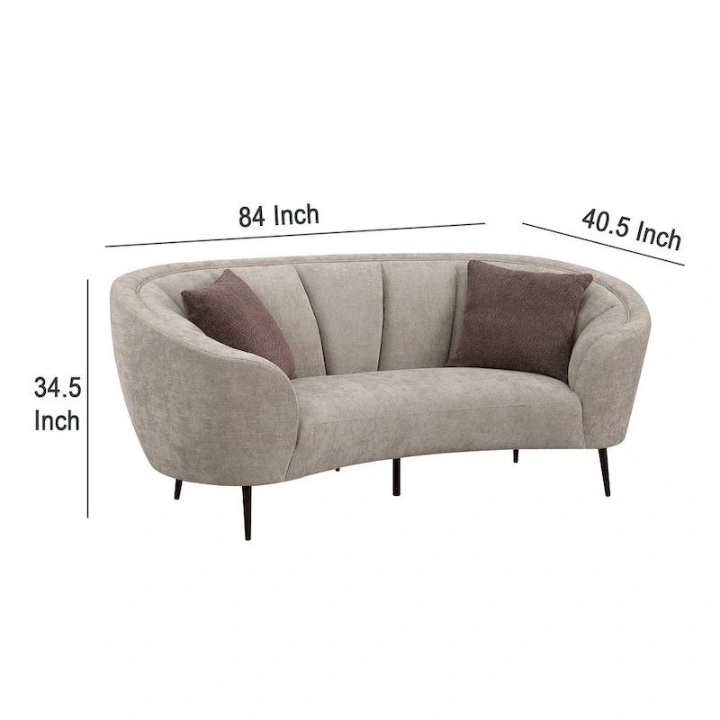 Zui Curved Loveseat, 84 Inch Beige, Round Design, 2 Accent Pillows