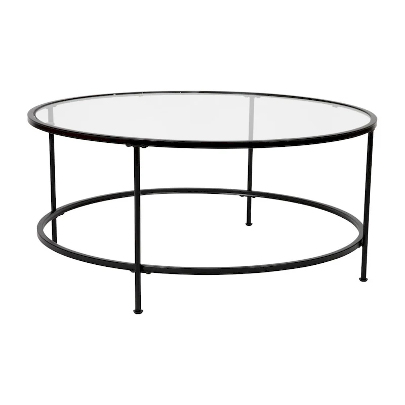 Glass Living Room Coffee Table with Round Metal Frame