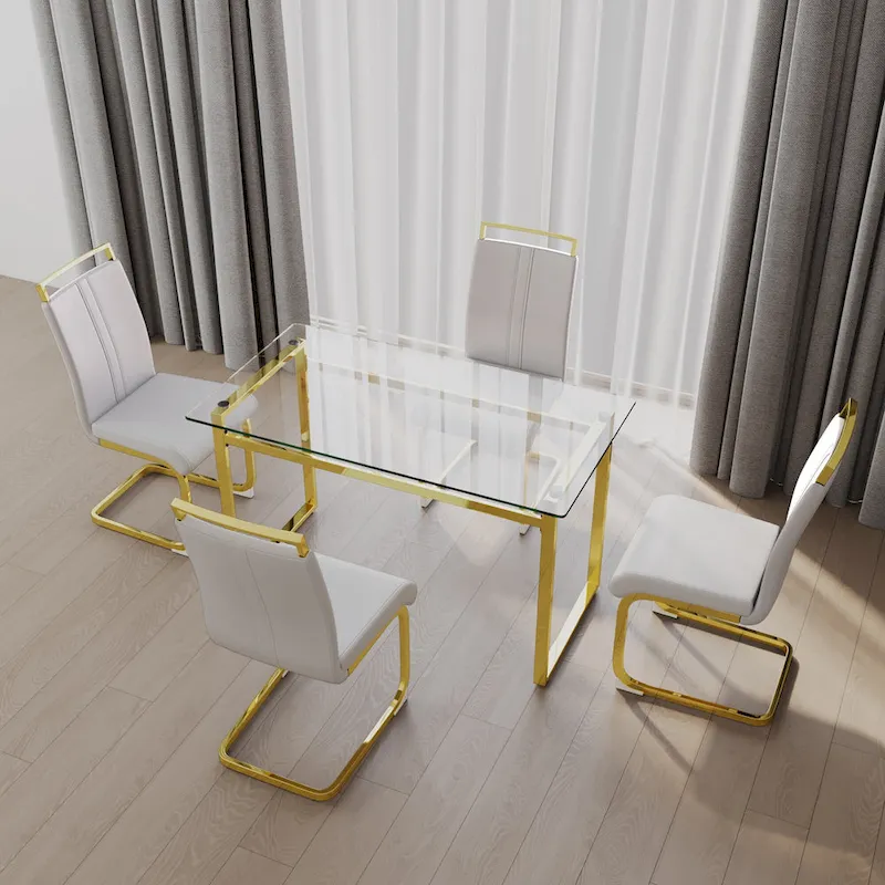 Modern Style 5-Piece Dining Set with Rectangular Tempered Glass Table and High Back Golden Plating Legs Dining Armless Chairs