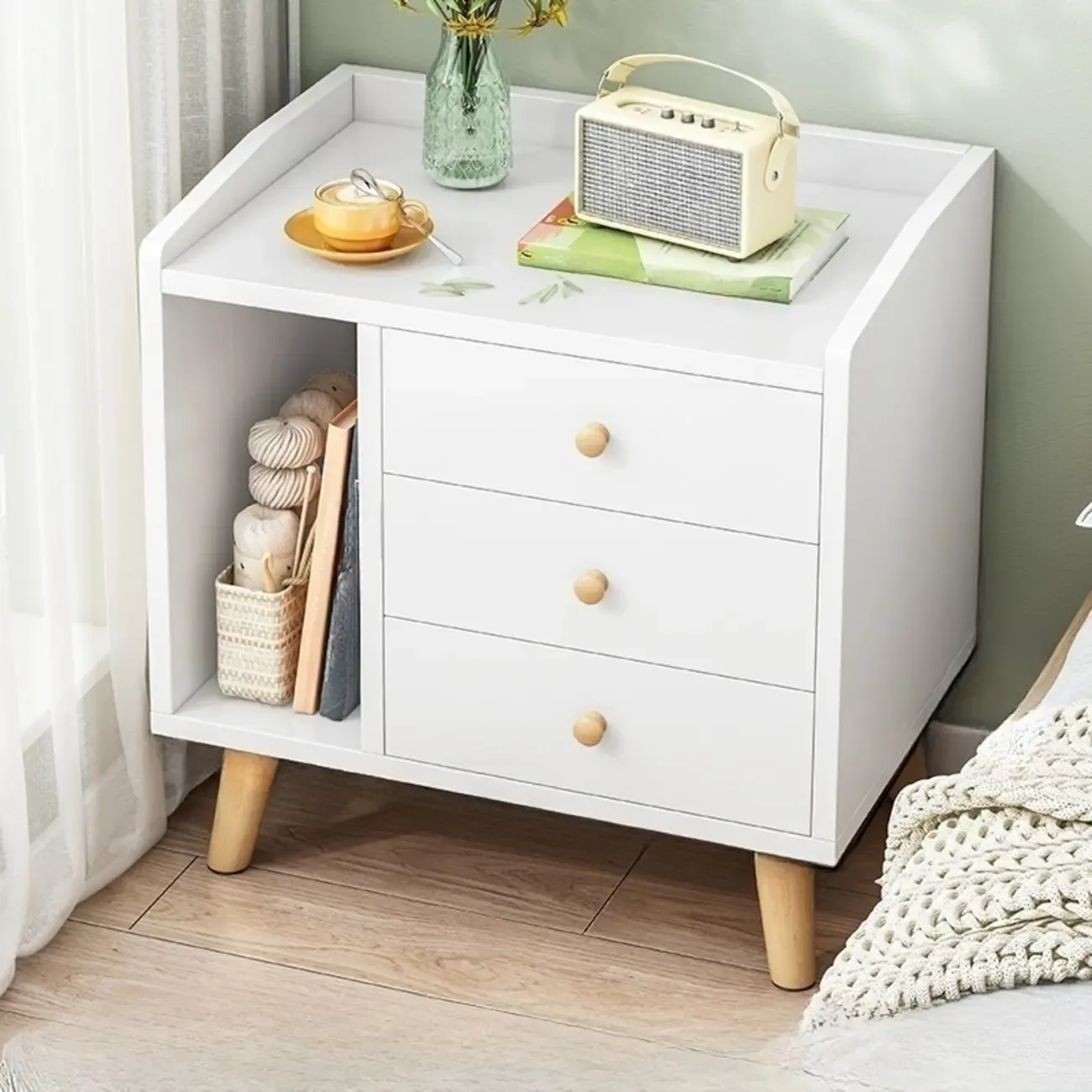 Modish Wooden Nightstand with Open Storage and Drawers