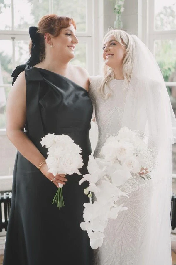 Light Blue One Shoulder Satin Sheath Long Bridesmaid Dresses