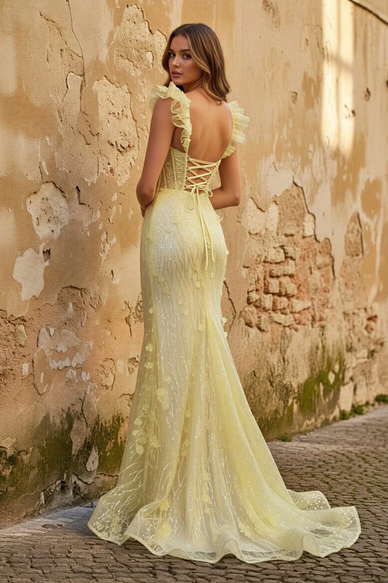 Yellow Ruffle Straps 3D Flower Mermaid Long Prom Dress
