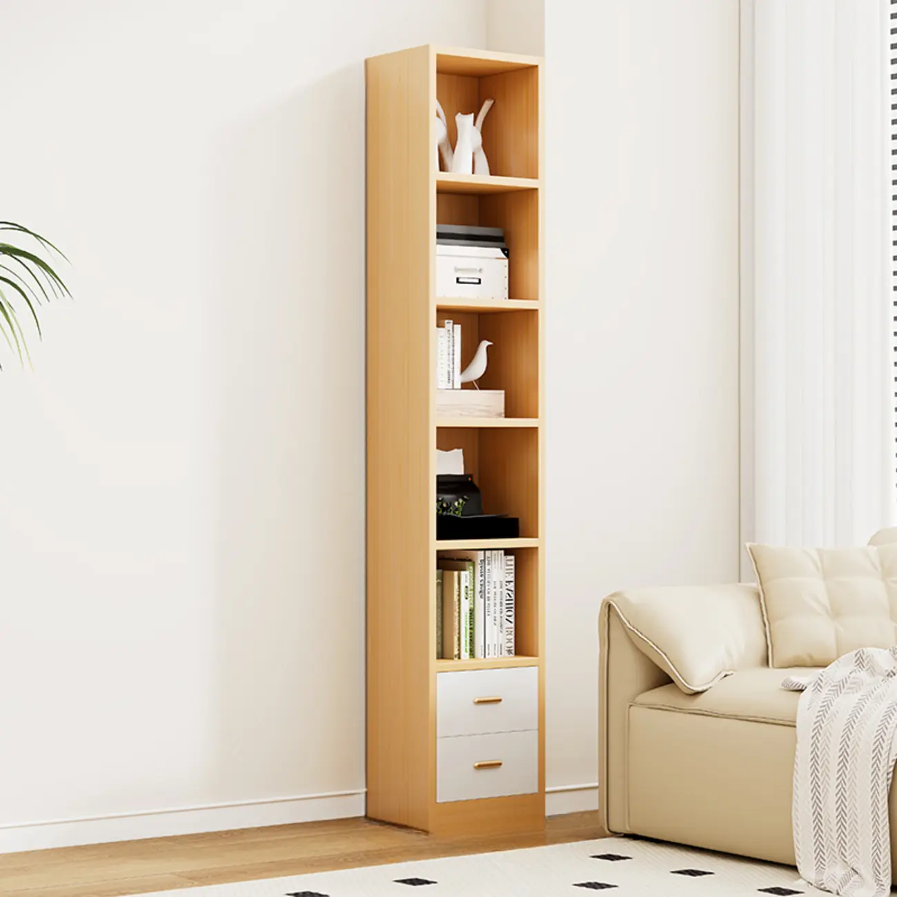 Natural Finish Narrow 6 Shelves Wooden Bookcase with Drawer