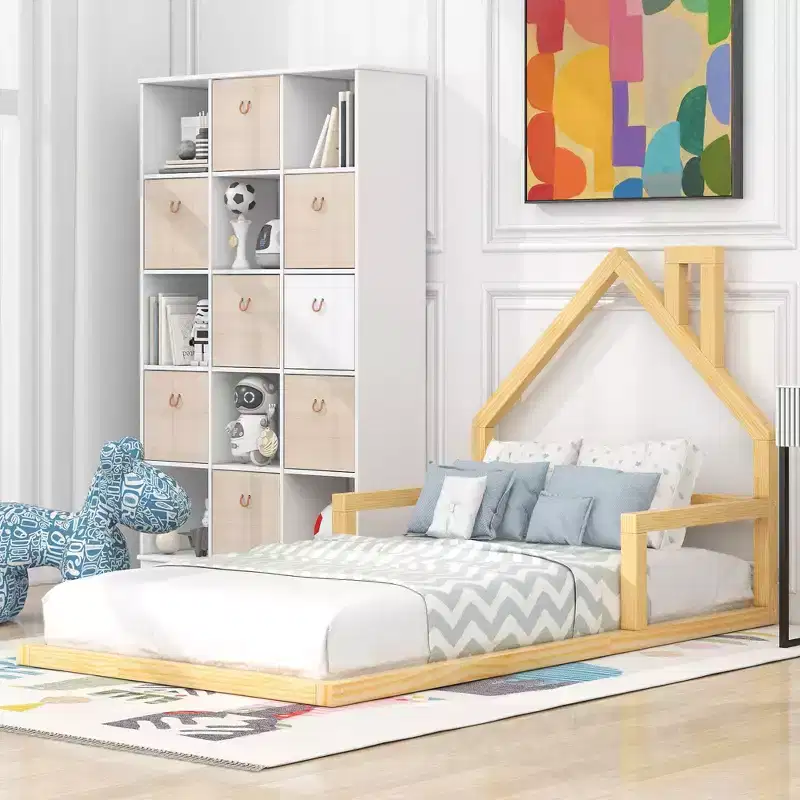 Okak Modern Floor Bed Twin/Full Size Bed Frame with House-Style Headboard, Modern Floor Bed for Toddlers/Kids Bedroom