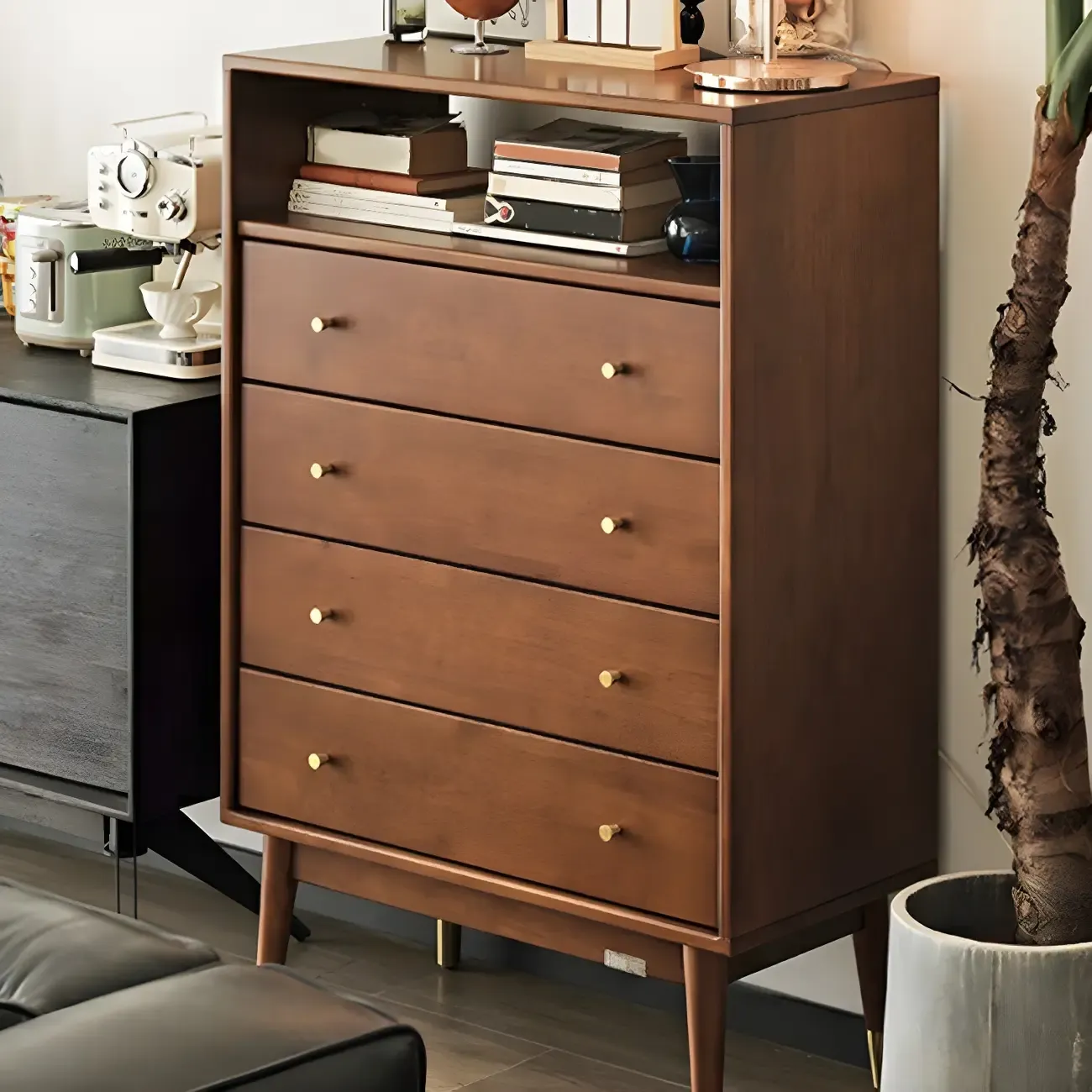 Modern Rubberwood Bedroom Storage Cabinet with 4 Drawers