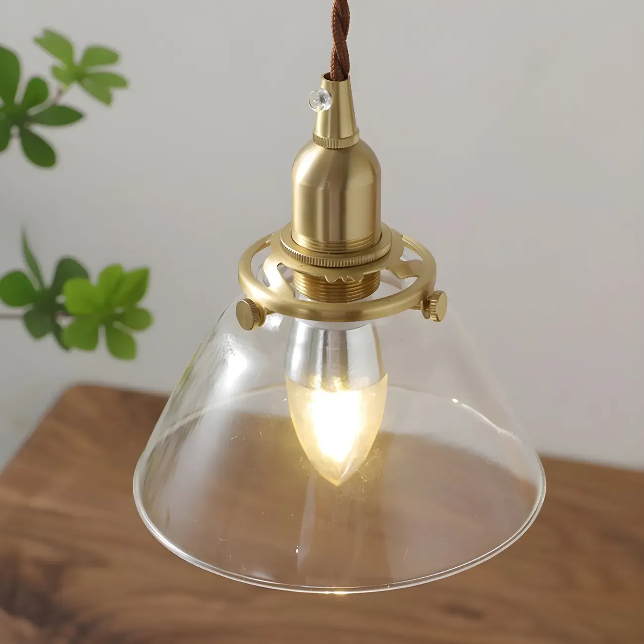 Retro Brown Gold Glass Wood Base Arched Table Lamp