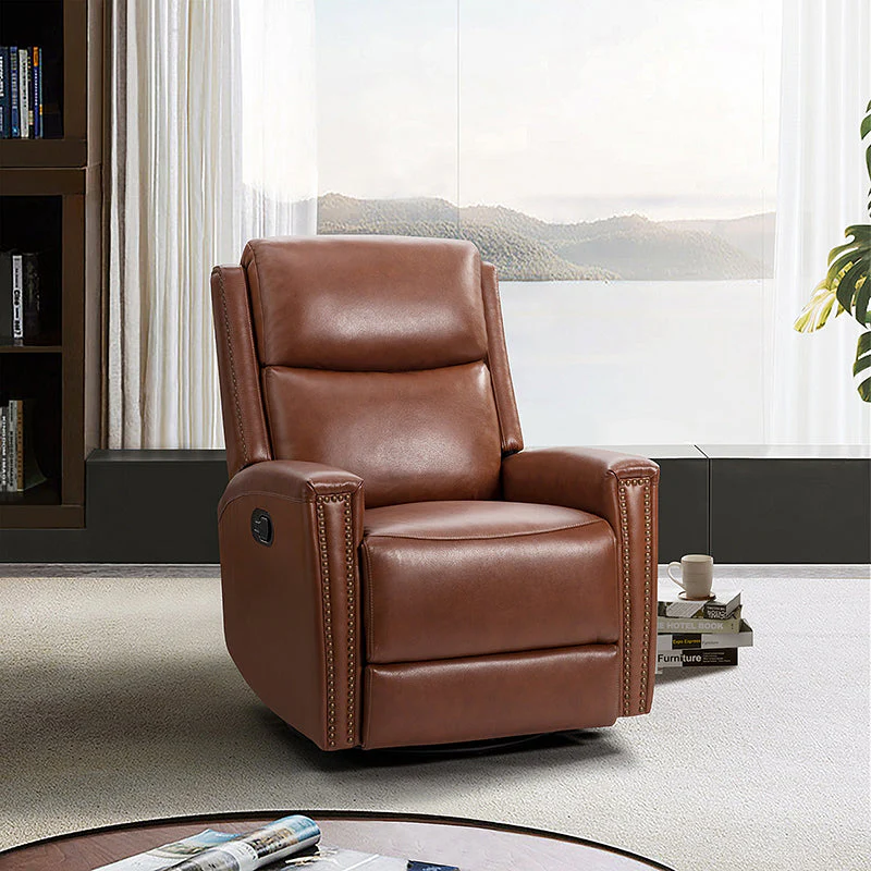 Genuine Leather Wingback Push-Back Recliner with Nailhead Trim, S-Spring & Manual 3-Position | Burgundy / Camel / Brown / Black / Dove / Navy / Beige / Sage / Taupe | Single Seat