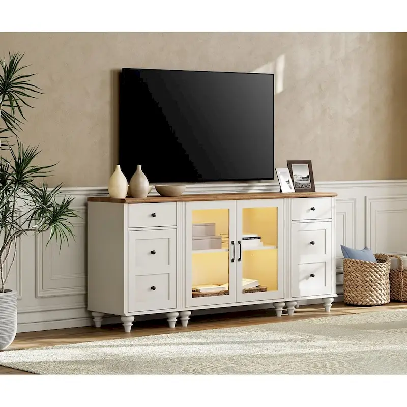 LED TV Stand for 75 Inch TV, 3-in-1 TV Cabinet & Side Table Set, White - 67 Inch
