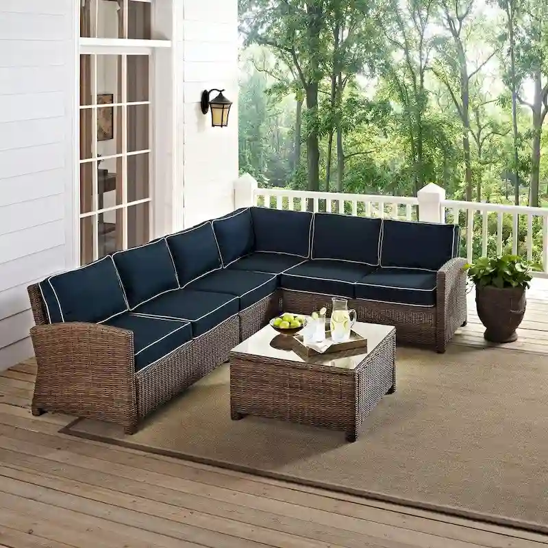 Crosley Bradenton 5-Piece Outdoor Wicker Seating Set with Navy Cushions - 109.25 W x 84.25 D x 32.5 H