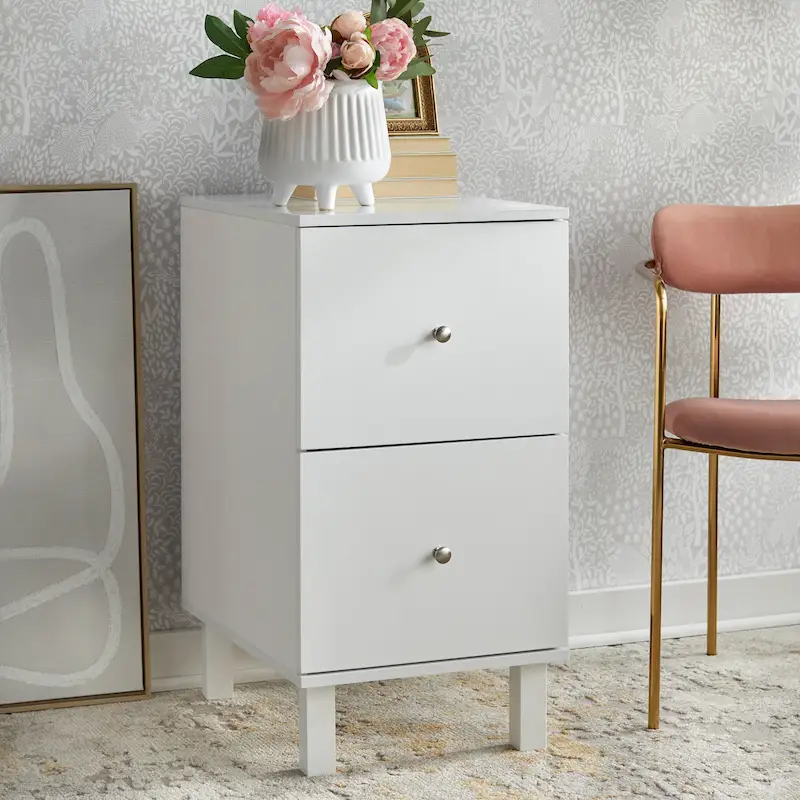 White 2-Drawer Filing Cabinet – Solid Wood & MDF, Farmhouse Style, 1 Person