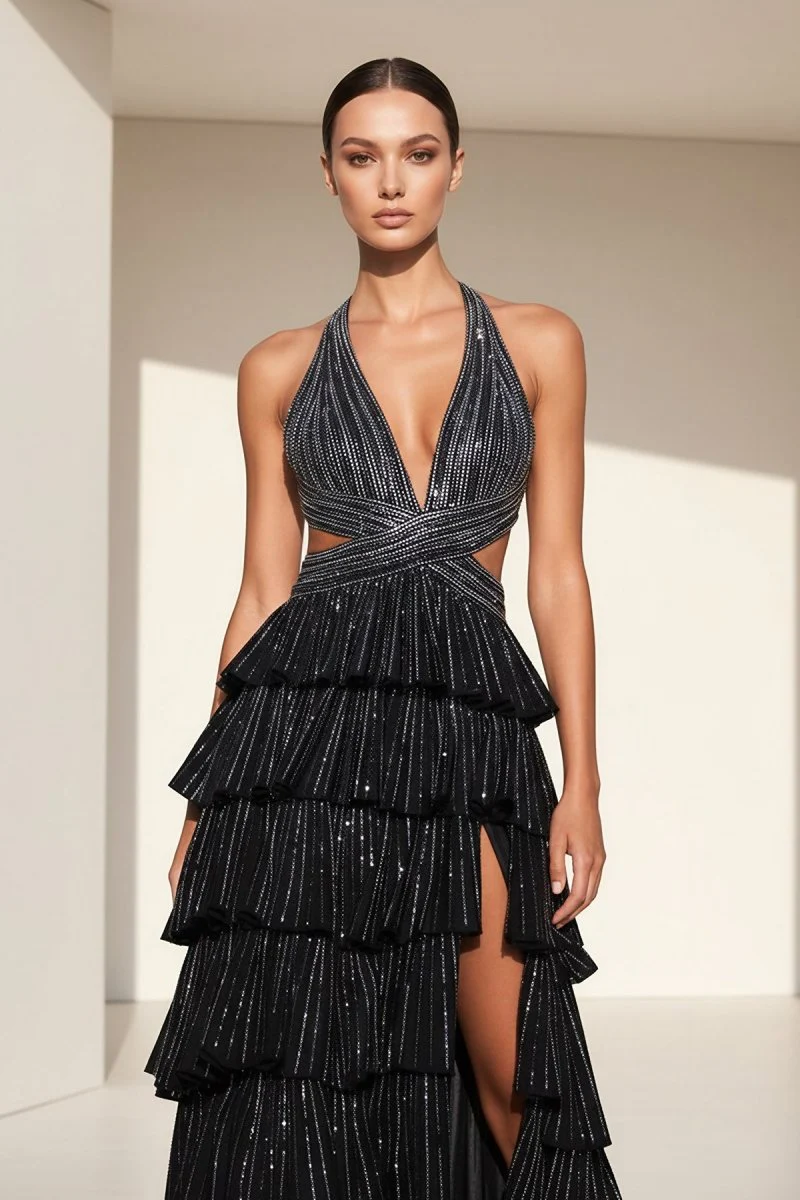 Black - A-Line V Neck Satin Beaded Long Prom Dresses With Ruffles