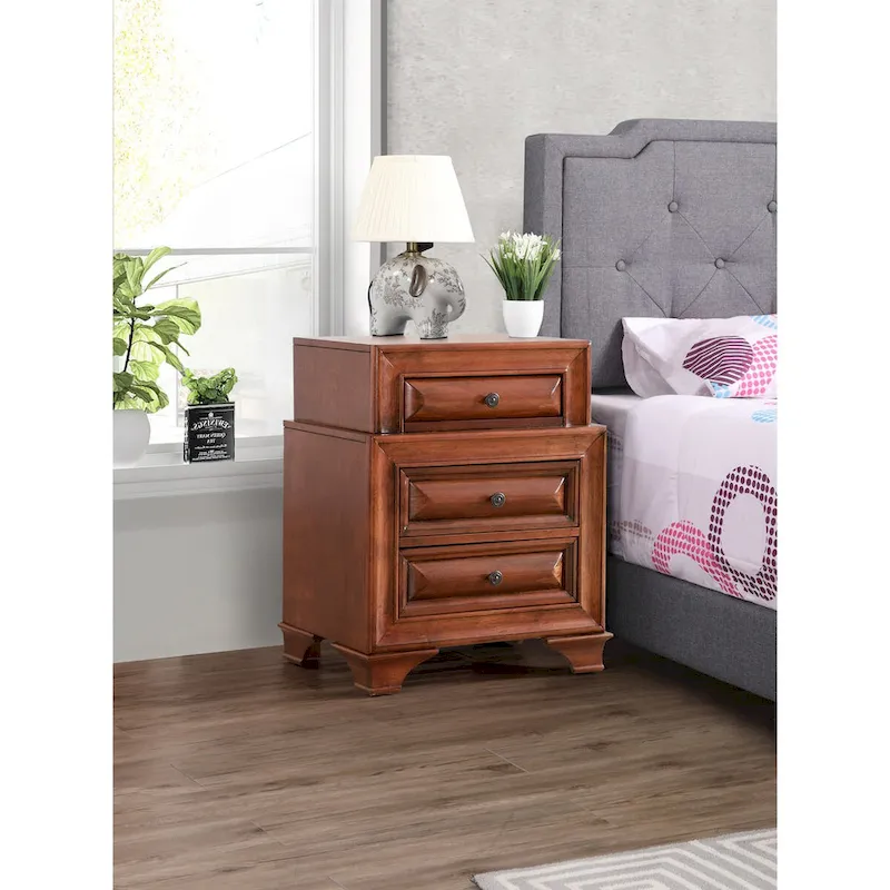 Traditional Three-Drawer 2-Tier Nightstand with Metal Pull