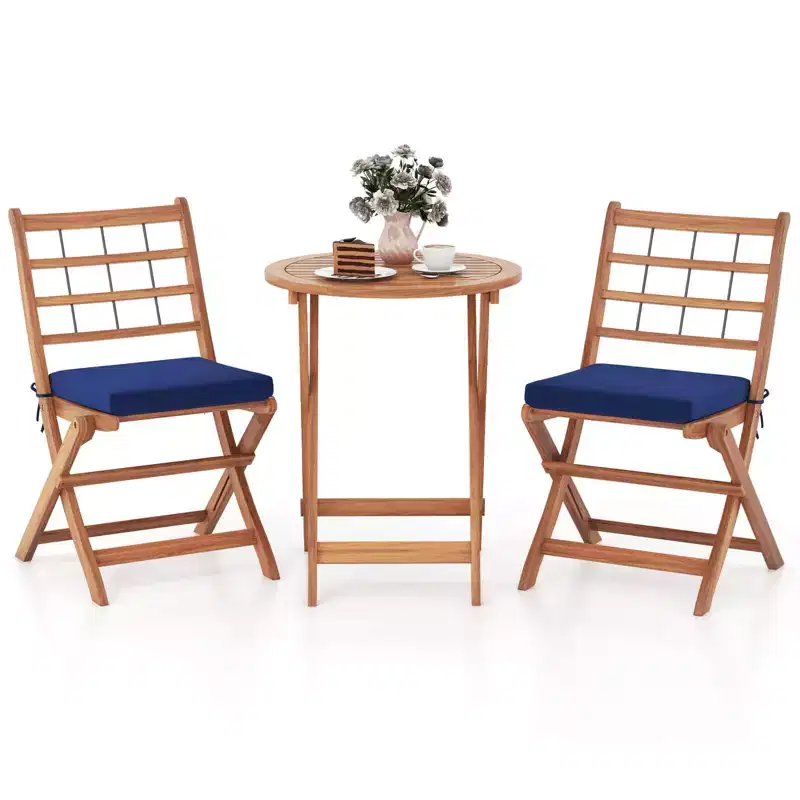 Costway 3 PCS Acacia Wood Patio Bistro Set Folding Outdoor Table and Chairs with Cushions Off White/Navy/Gray