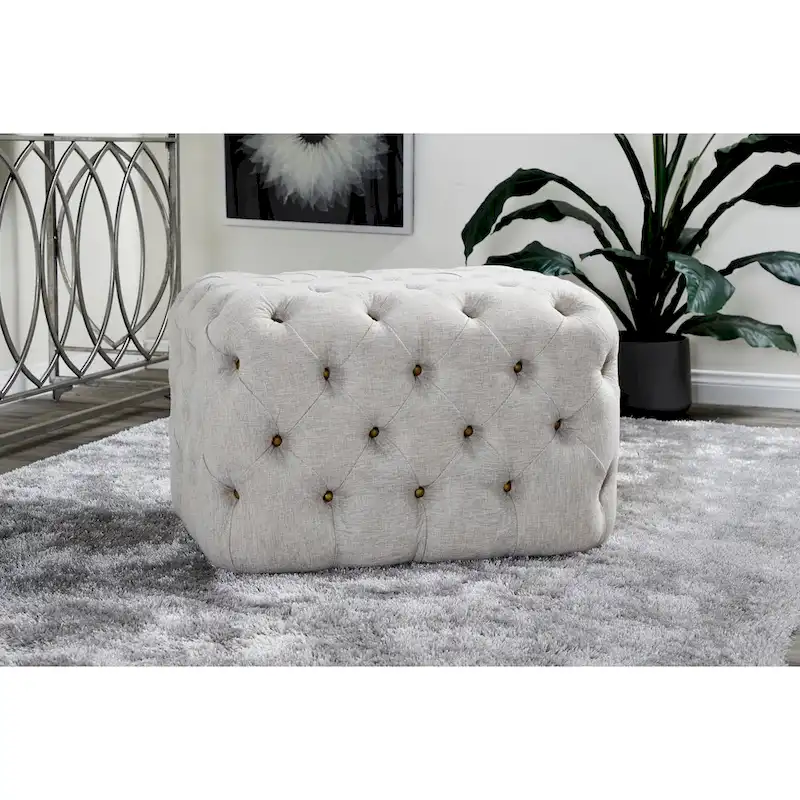 Linen Fabric Tufted Ottoman - Beige