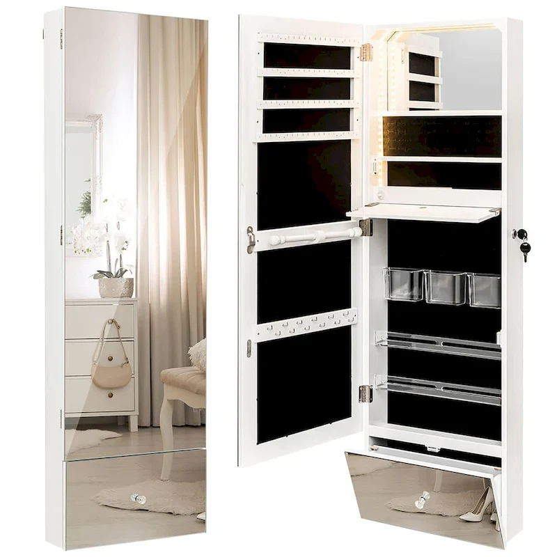 Wall Mounted Jewelry Cabinet Armoire Full-Length Mirror w/ LED