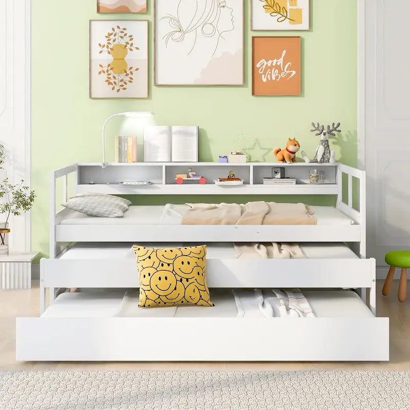 White / Grey, Sleeps 3, Twin XL Wood Daybed with 2 Trundles & USB Port