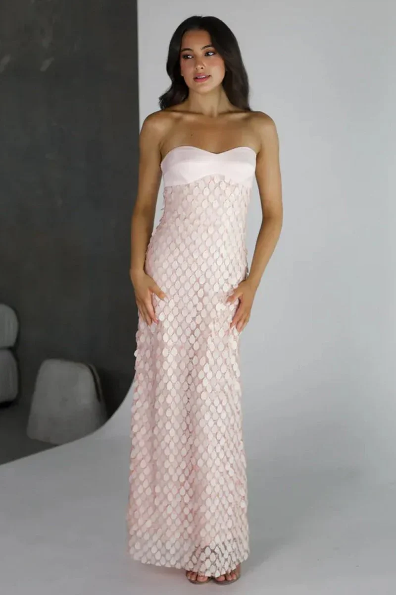 Pink - Sheath Strapless Long Prom Dresses with Sequins