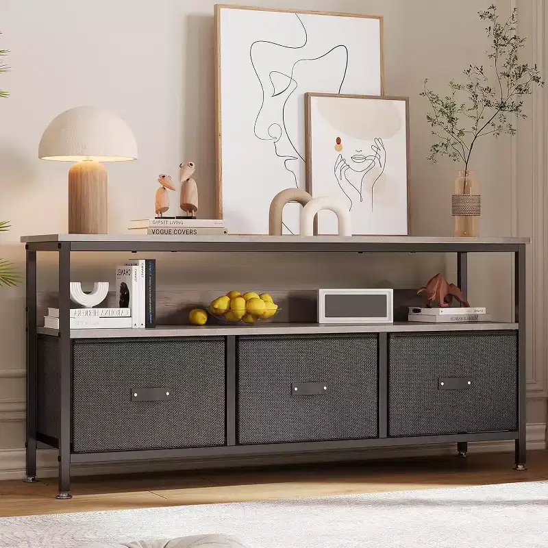 TV Stand with 3 Fabric Drawers, TV Cabinet for 55 Inch TV, Modern Living Room Storage TV Stand, Entertainment Center with Open Space for Living Room