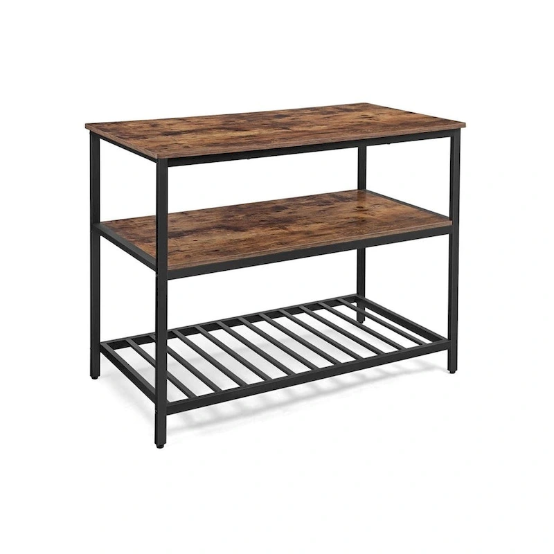 Black Metal Kitchen Shelf with Large Wooden Worktop and Adjustable Storage Racks
