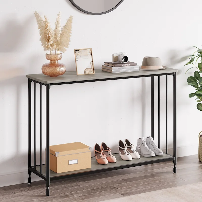 Grey / Brown / Gold 2-Tier Console Table, Industrial Retro Style, 1-Person