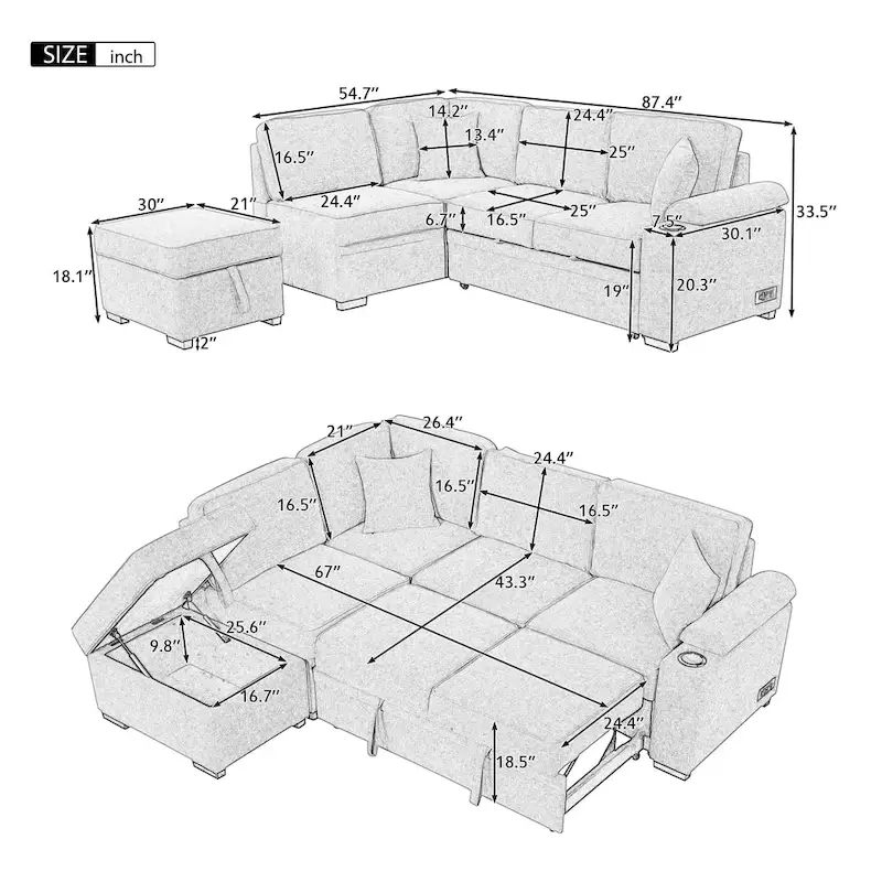87.4  Sleeper Sofa Bed,2 in 1 Pull Out sofa bed L Shape Couch with Storage Ottoman for Living Room,Bedroom Couch and Small Apart