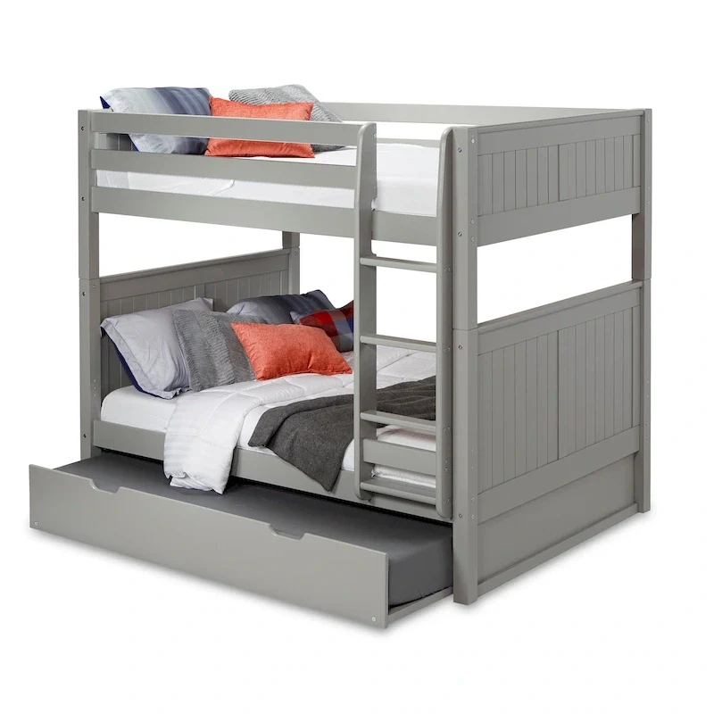 Grey / White Solid Wood Full over Full Bunk Bed with Twin Trundle & Panel Headboard – 3-Sleeper