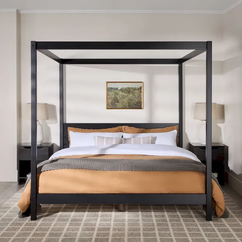 Black/Natural Pine Minimalist Canopy King Bed Frame, Solid Pine & MDF, No Box Spring, 79.63
