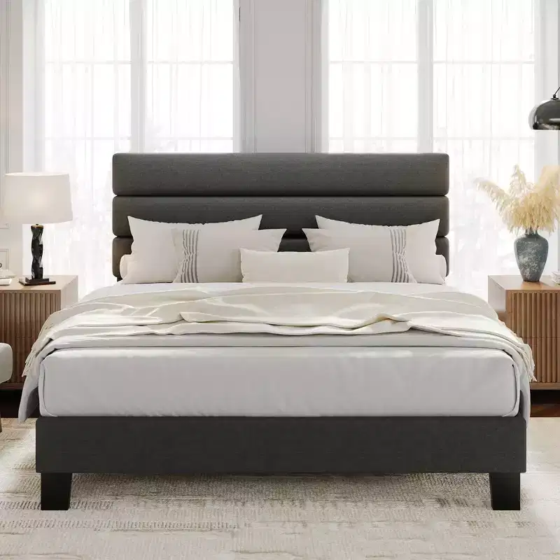 King Size Bed Frame with Adjustable Headboard, Linen Fabric Upholstered and Wooden Slats Support, Heavy Duty Mattress Foundation, No Box Spring Needed