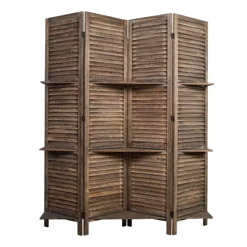 Proman Products Rancho 4 Shelf Panel Folding Screen Room Partition Paulownia Wood: Privacy Screen with Storage, No Assembly