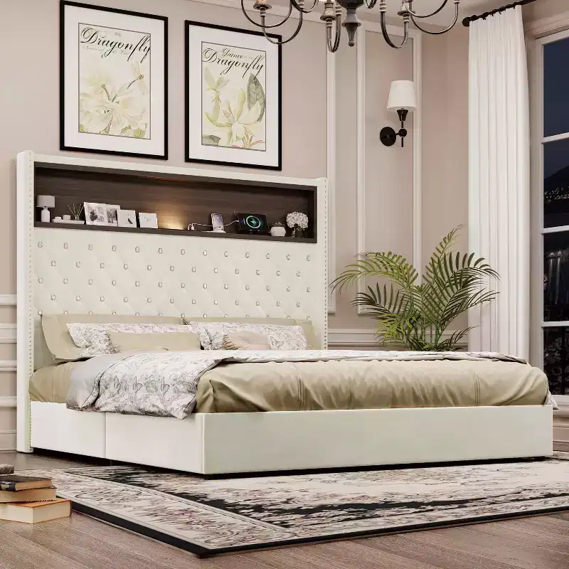 MAYEERTY Queen Size Velvet Tufted Bed with Port Night Light 52 HIgh Headboard with Rivet Decor Headboard Shelf for Bedroom Beige