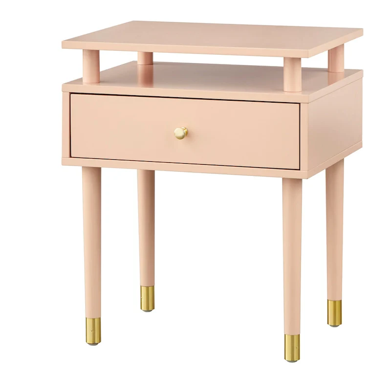 Mid-Century One Drawer Side Table - Antique White/Blush Pink/Walnut