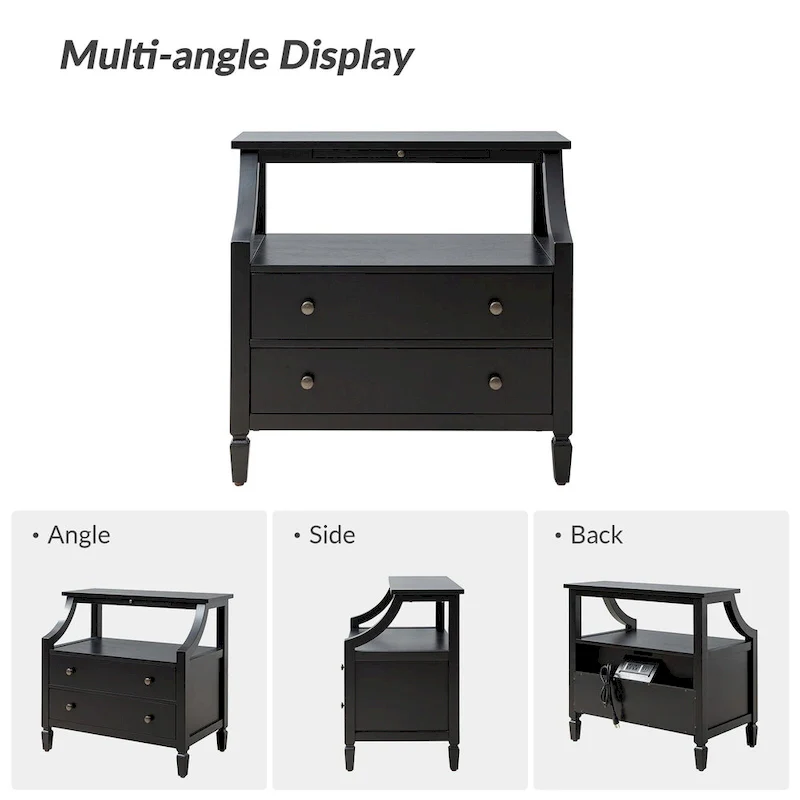 2 - Drawer Nightstand with Built-In Outlets and Pull-out Tray