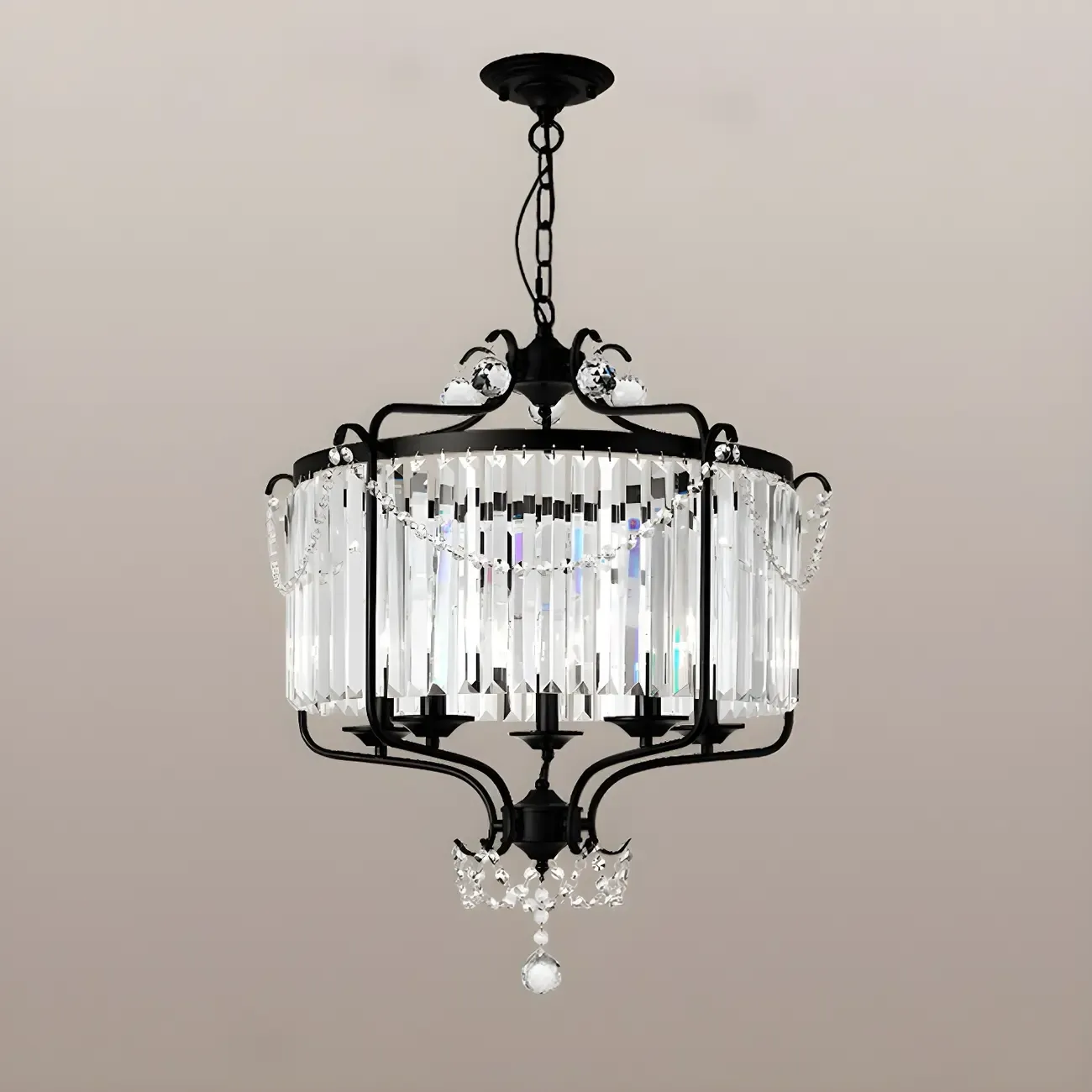 Modern Black Round Cylinder Metal Cage Crystal Chandelier
