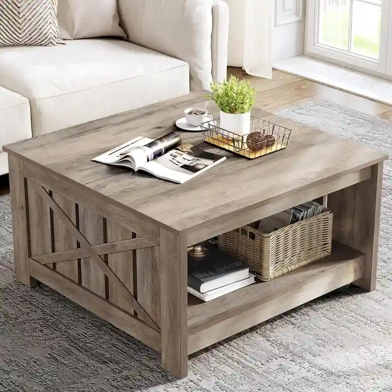 Square 2-Tier Coffee Table with Side Rail Storage | Grey, Walnut, Dark Oak