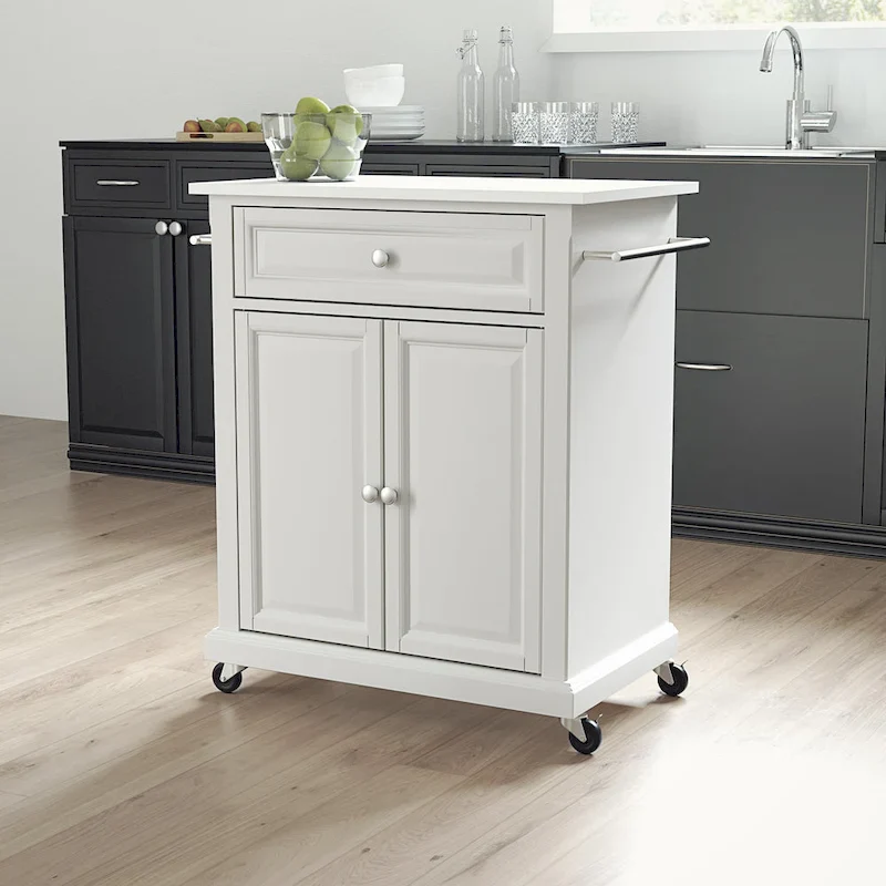 White Granite/Marble Top Kitchen Cart – 1-Person, Rolling, with Storage