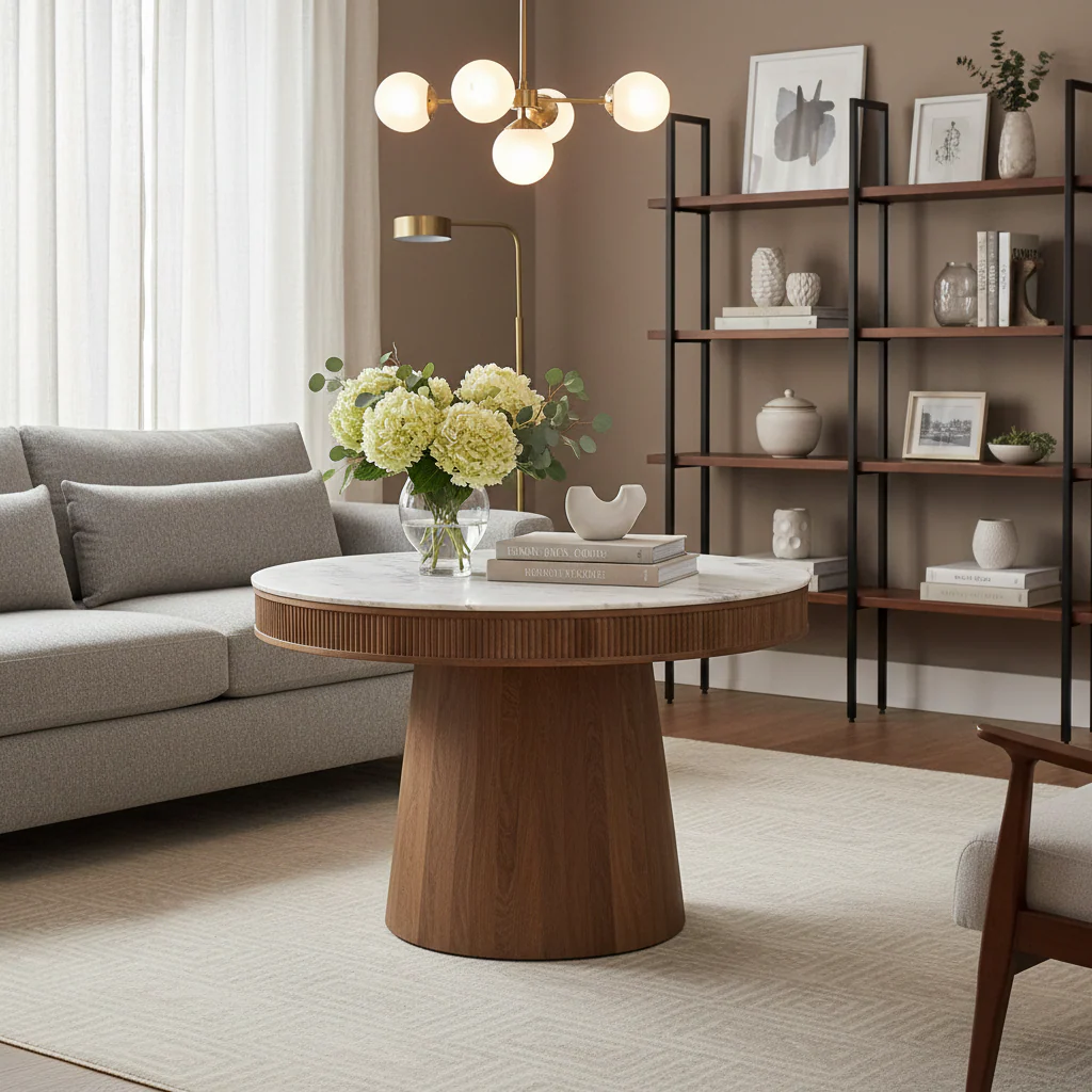 White Marble Top Round Dining Table with Brown Fluted Pedestal Base - 46 Inch
