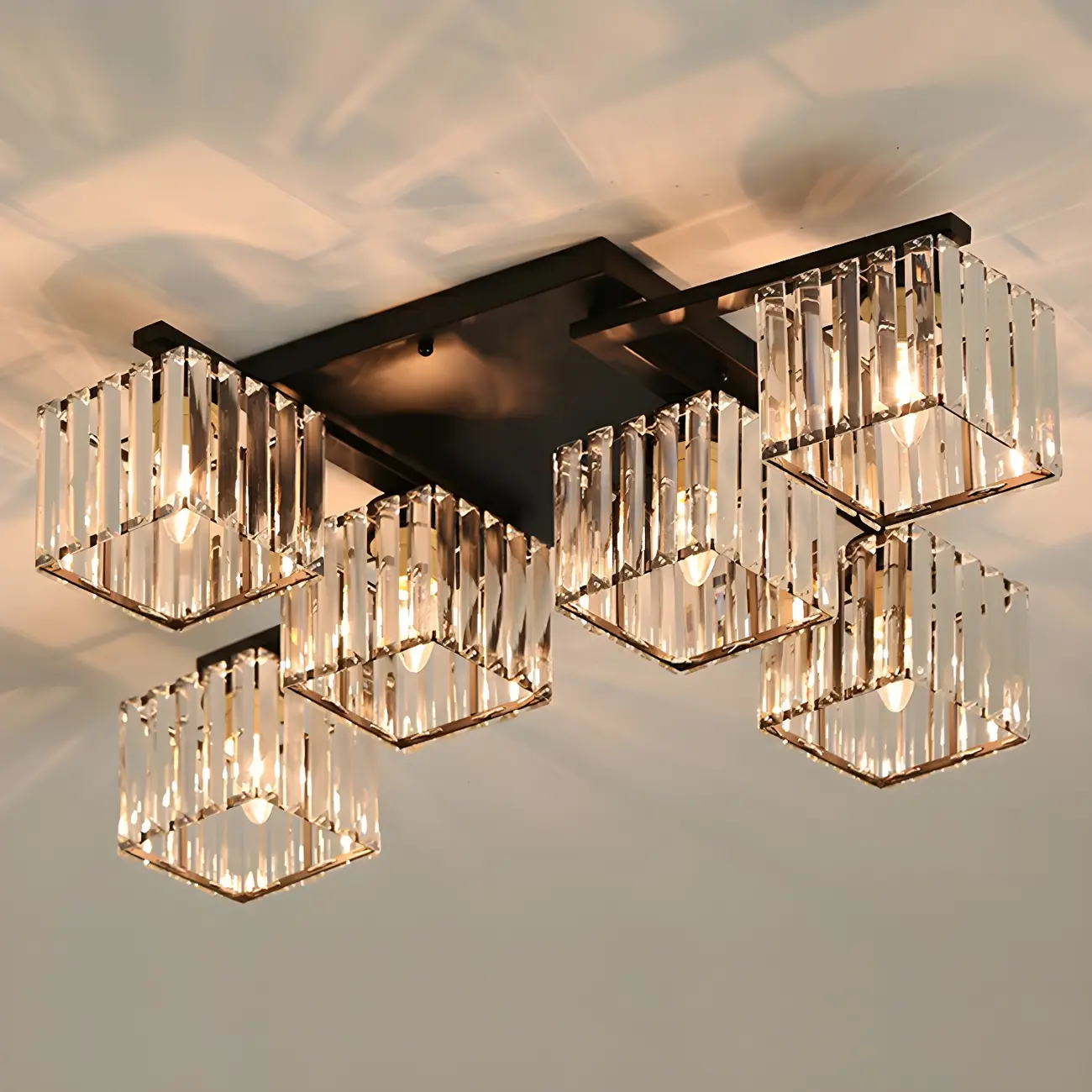 Modern Square Gold Crystal Flush Ceiling Light in 8 Lights