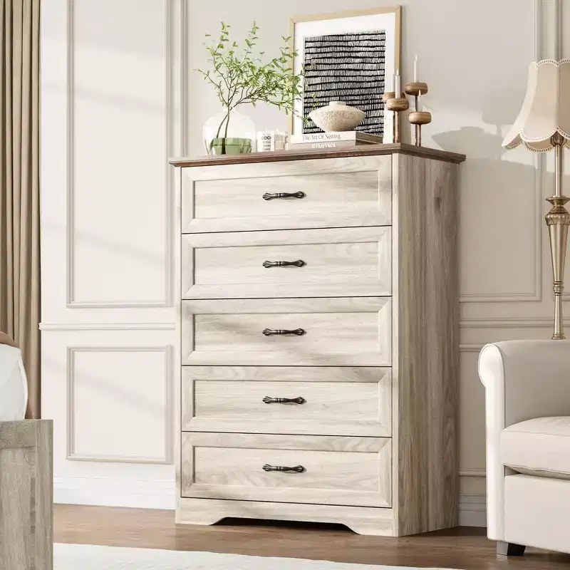 5 Drawers Dresser Chest with Wide Metal Handles, Beige, Farmhouse Modern Wooden Storage Organizer for Bedroom/Living Room/Kids Room