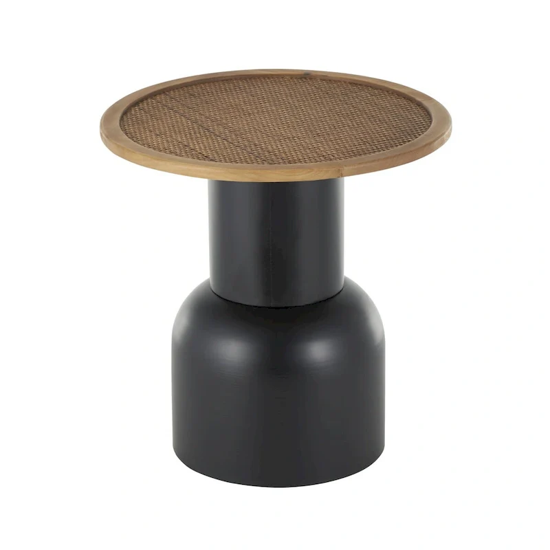 Handmade Round Rattan & Iron Accent Side Table – Black, Boho Style