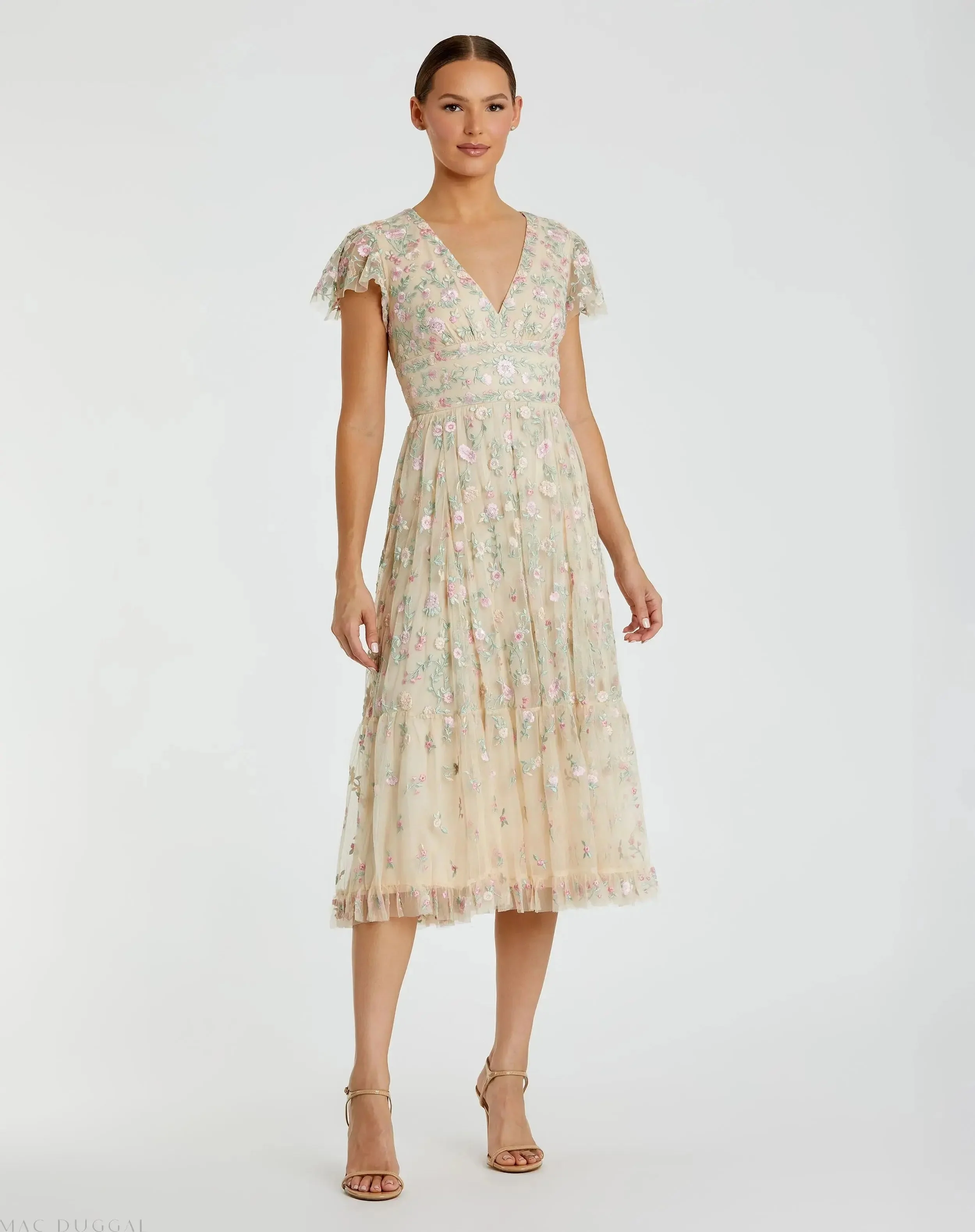 Beige Multicolor Embroidered V Neck Cap Sleeve Midi Dress