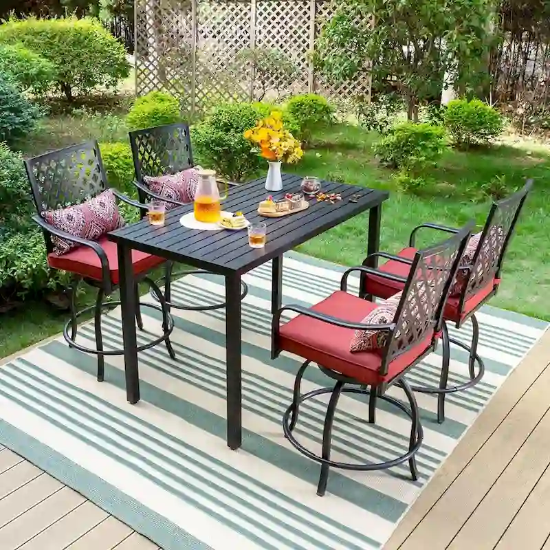 5-Piece Bar Height Dining Set, 4 Rattan or 4 Metal Swivel Bar Chairs and 1 Rectangular Metal Bar Height Table