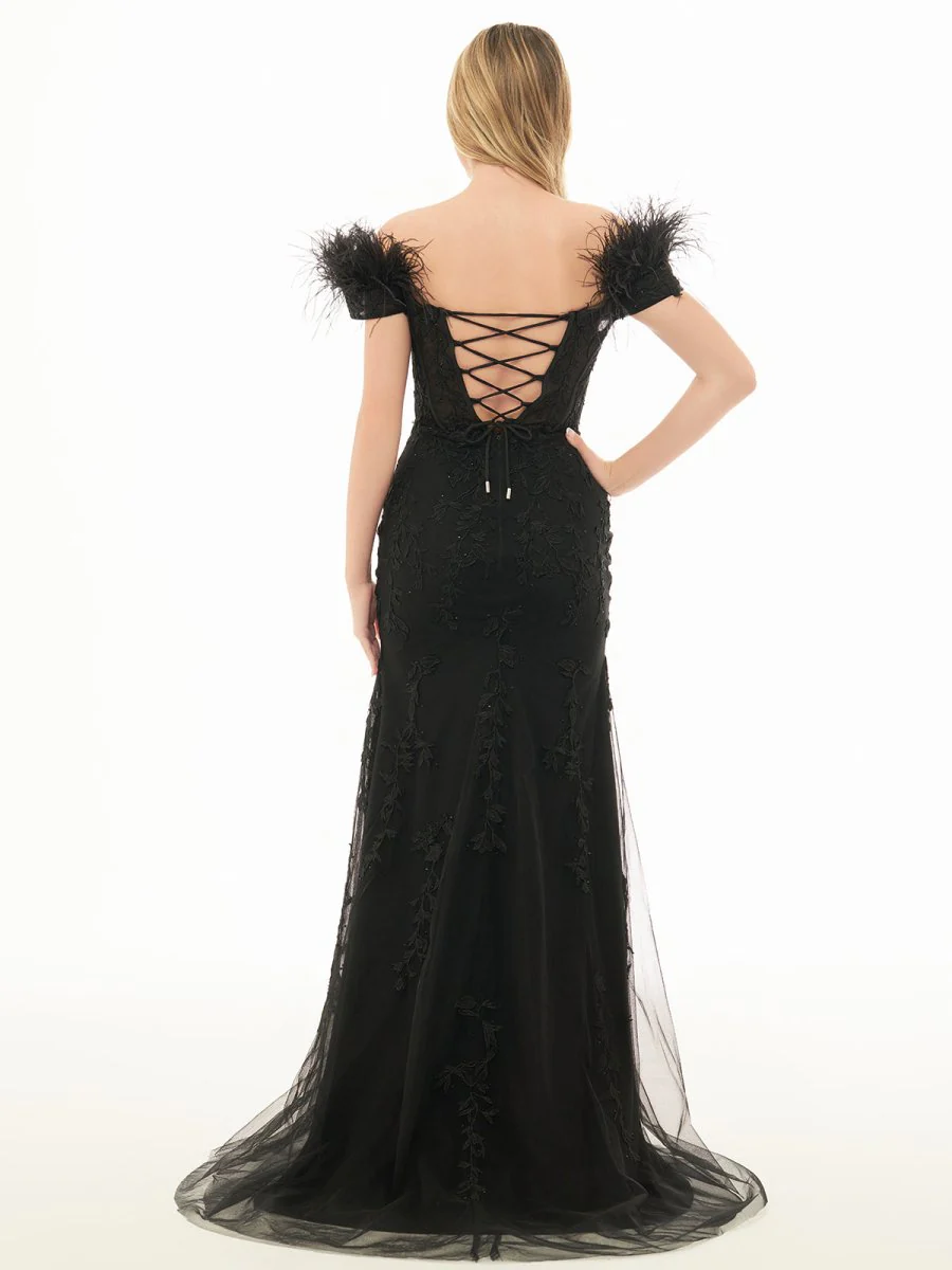 Mermaid Deep V Neck Feather Lace Long Prom Dress