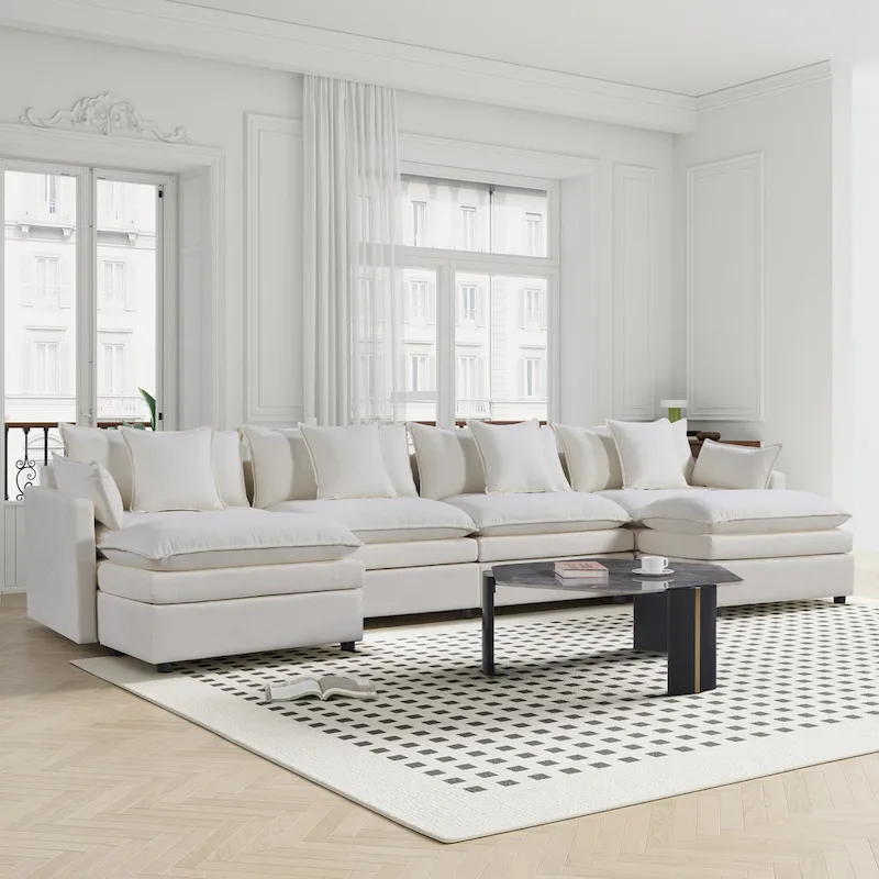 White 142.52  U-Shaped 6 Seater Sectional Sofa with Convertible Chaise and Ottomans, Spacious Cloud Couch