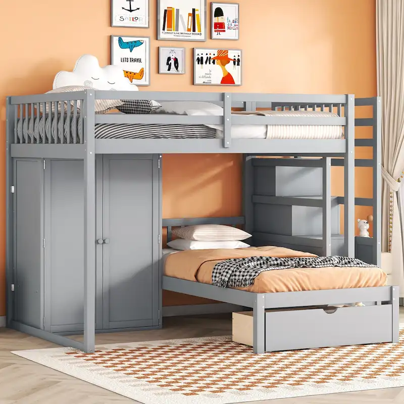Grey / White Full Over Twin Bunk Bed with Wardrobe & Staircase Storage, 2-Person